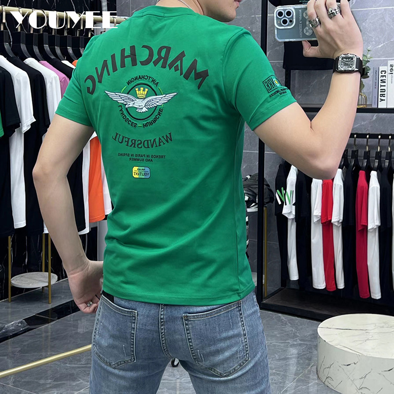 Summer Green Clothing - T-shirt Men's Embroidered Round Neck European
