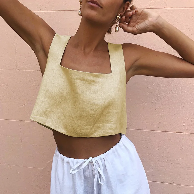 100% Linen White Crop Top 2026 - Summer Green Clothing ulasan dan harga